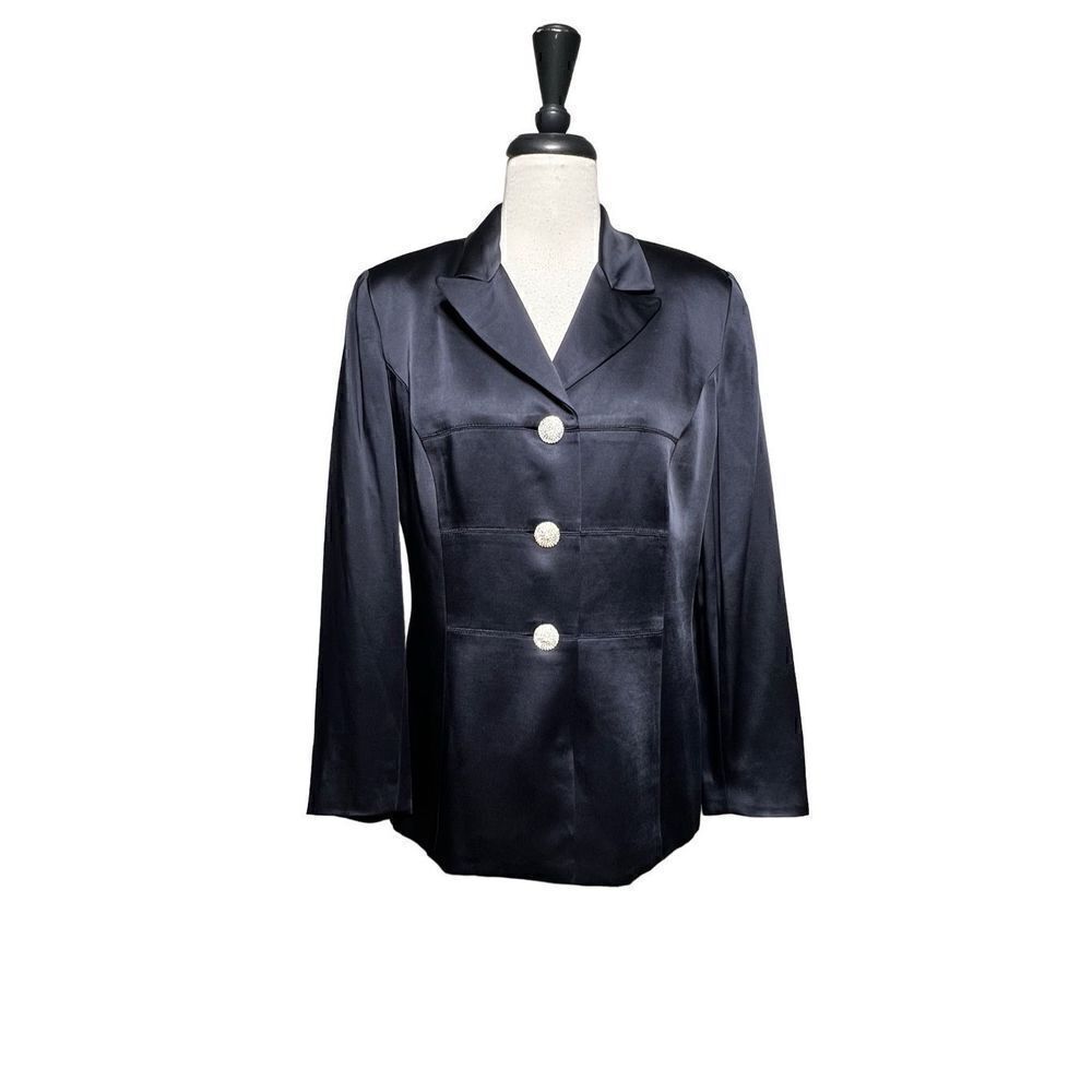 Kelly Graham Fitted Navy Satin Blazer with  Rhinestone Buttons Size 10